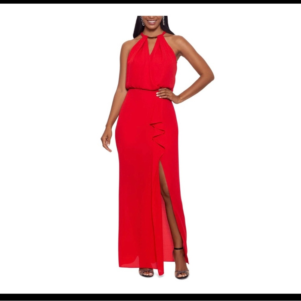 XSCAPE Womens Red Thigh High Slit Sleeveless Formal Sheath Dress 12